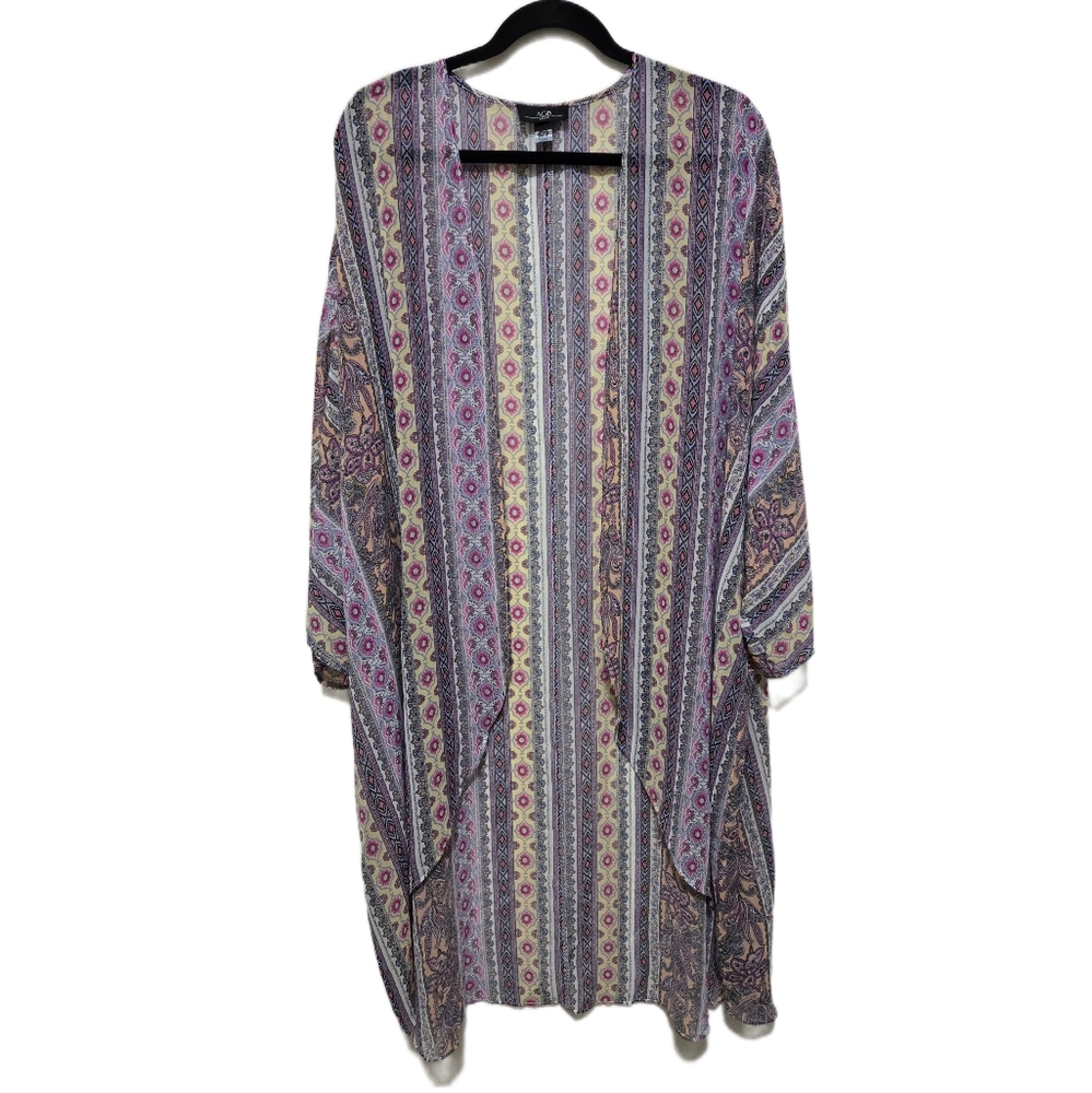 AGB Multicolor Bohemian Print Sheer Long Kimono Cardigan One Size